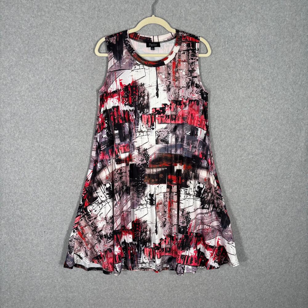 Papillon Babydoll Dress Small Red Purple Pocket Jersey Knit Abstract Artsy Print